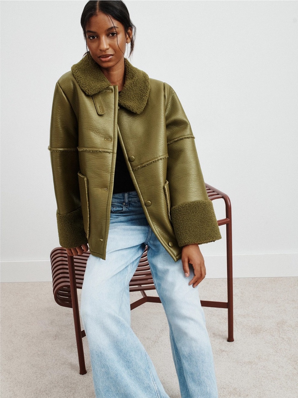 BAUM UND PFERDGARTEN Birdie Faux Leather Shearling Jacket Olive Green Sz 34 US 2